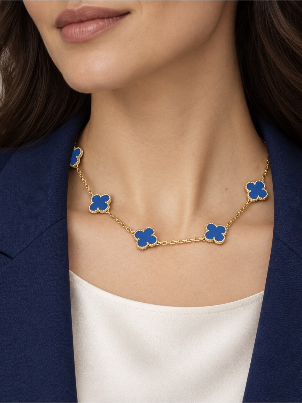 Gold and Blue Clover Necklace Luxury Look